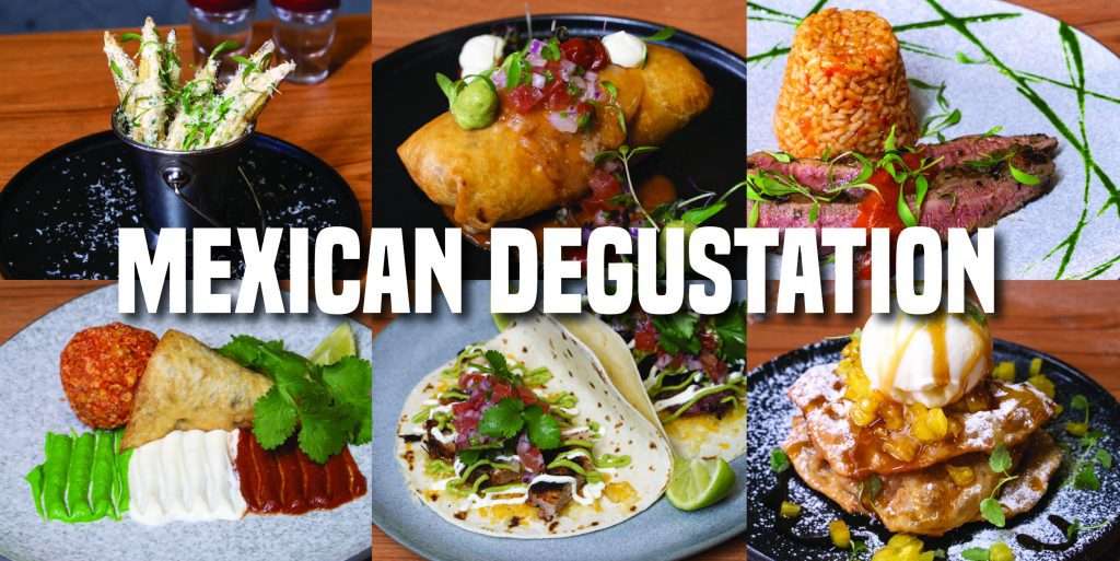 Collage of Mexican Degustation dishes including tacos and dessert