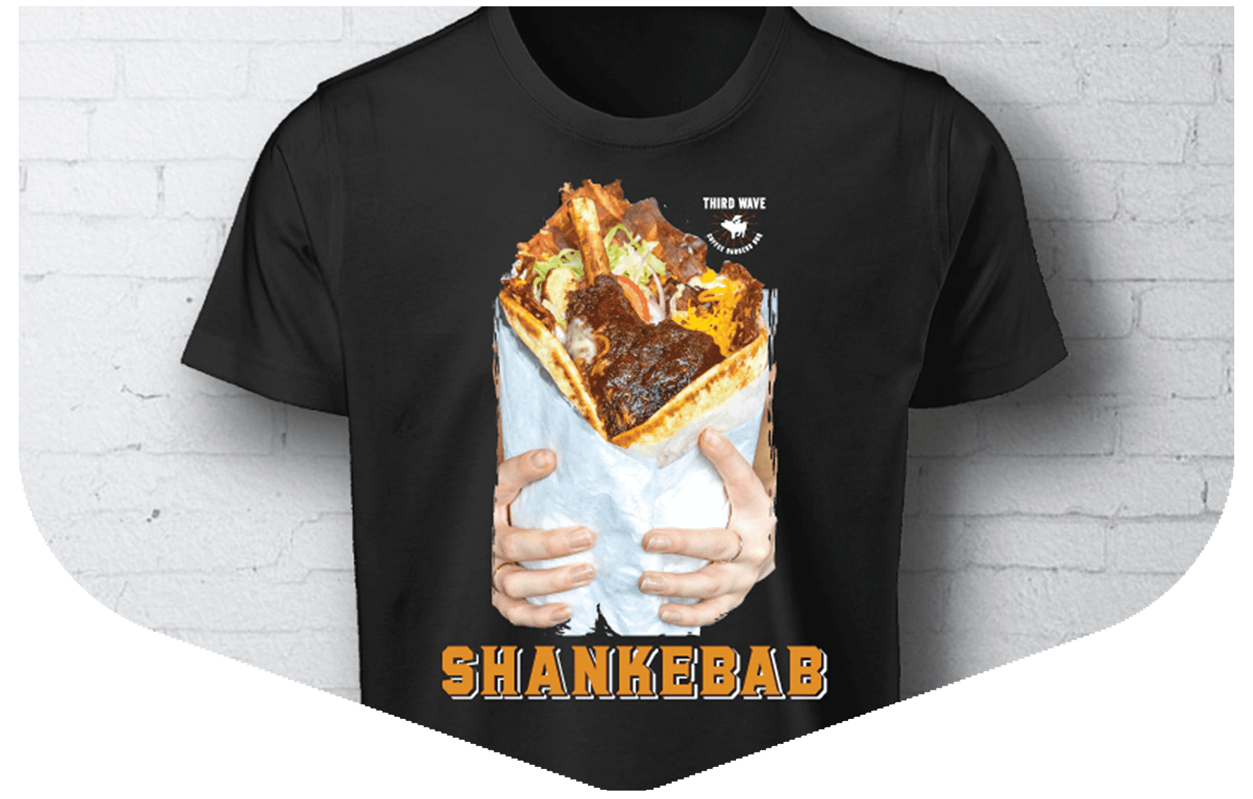 Black T-shirt printed with the Shankebab graphic