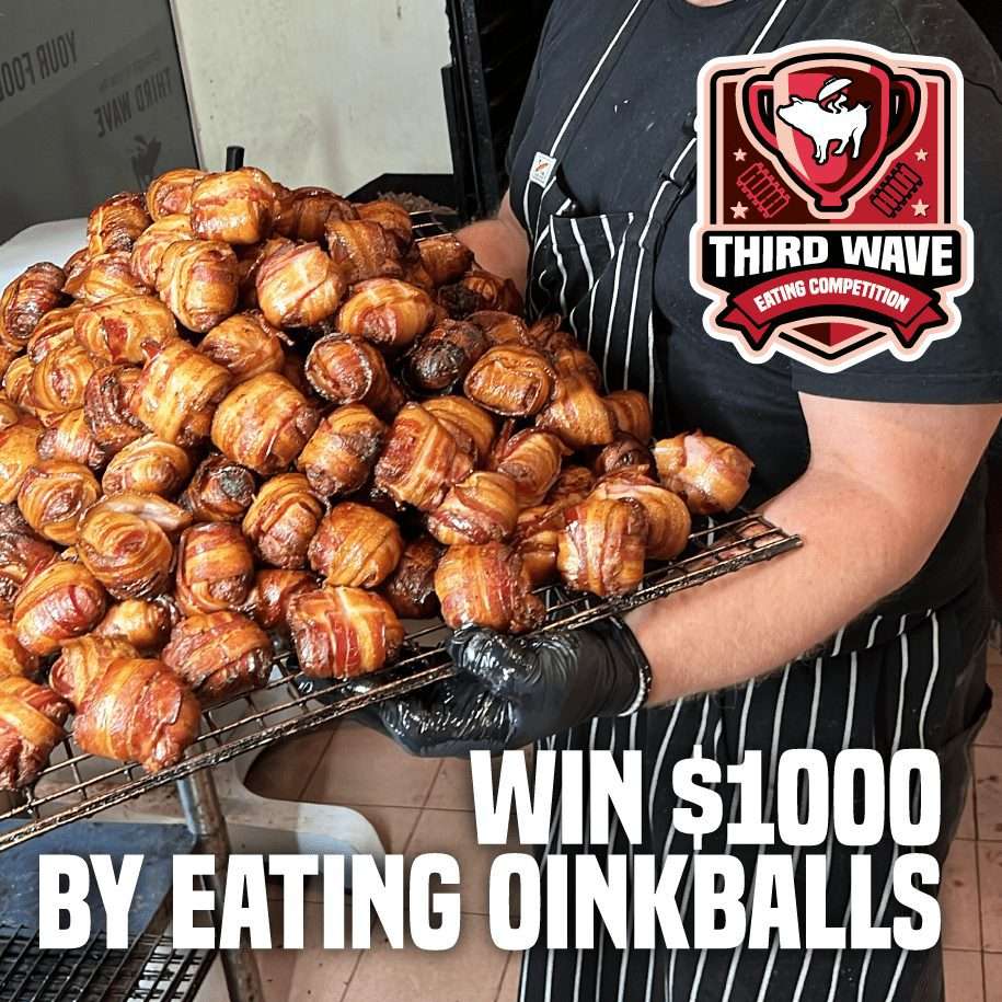 Oinkball eating competition poster: win $1000 by eating Oink Balls