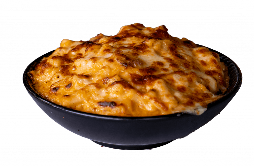 Bowl of baked mac and cheese with a golden cheese crust