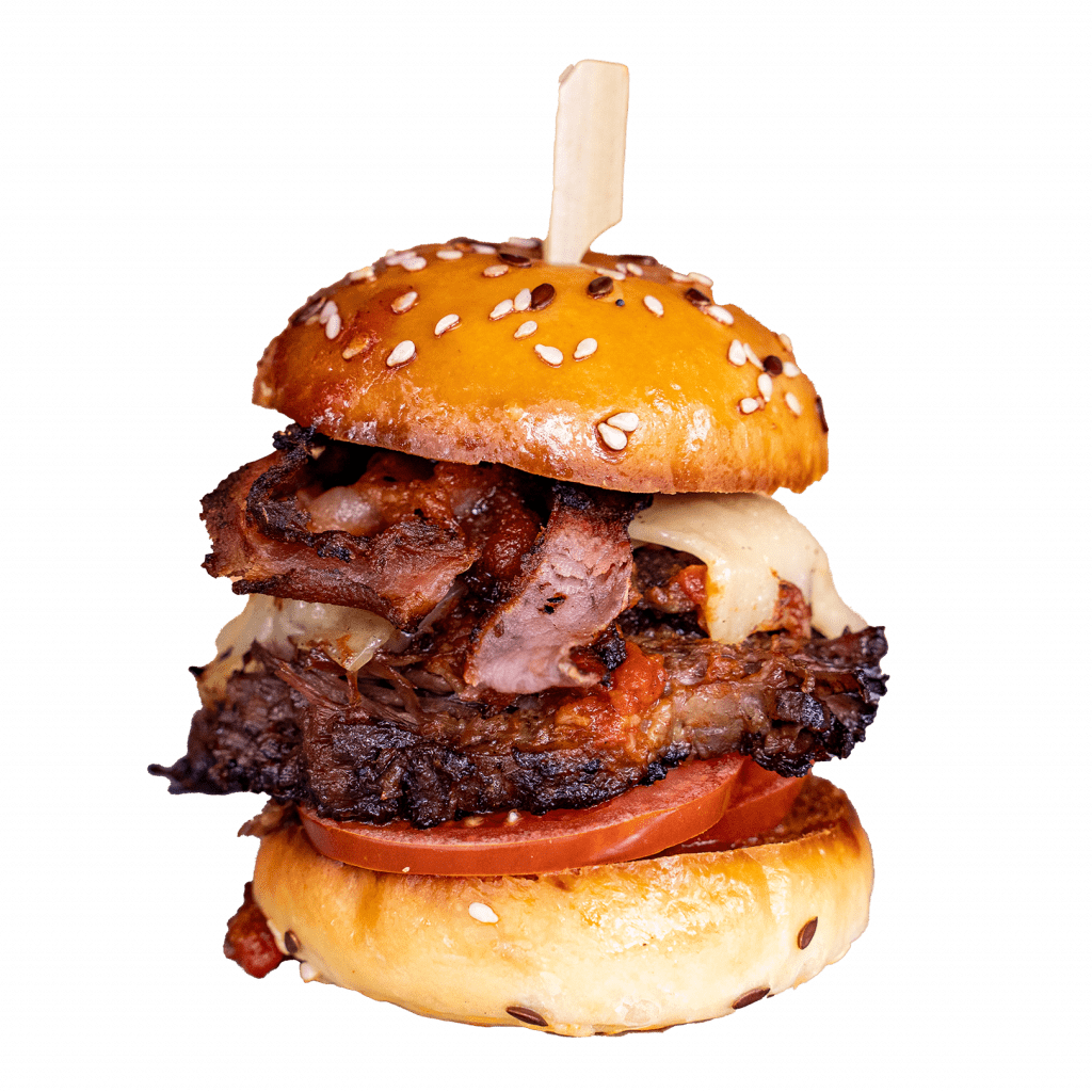 Royale slider stacked with smoked meats, cheese and tomato