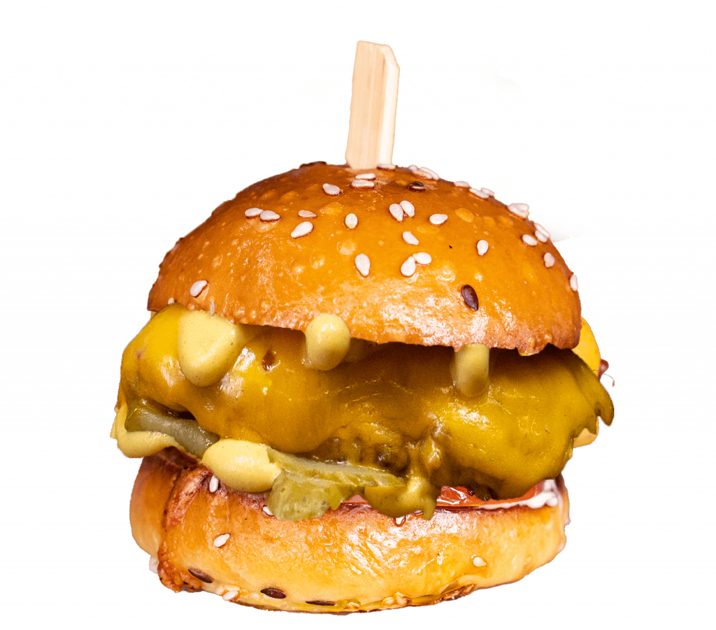 Naked cheeseburger slider with melted cheese and pickle on a sesame bun