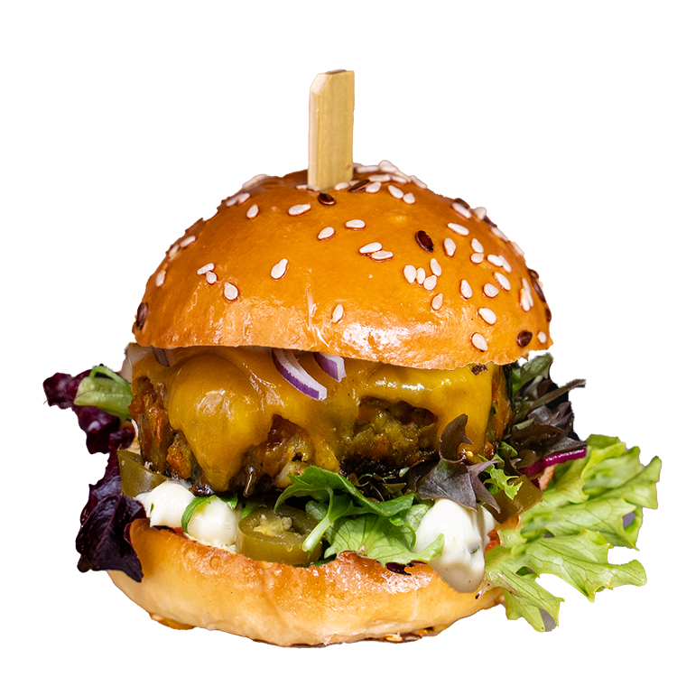 Edgy Vedgy veggie slider with melted cheese and side salad on a bun