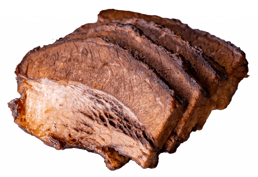Sliced smoked beef brisket showing a pink smoke ring