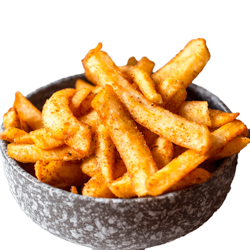 Bowl of spicy battered chips with orange seasoning
