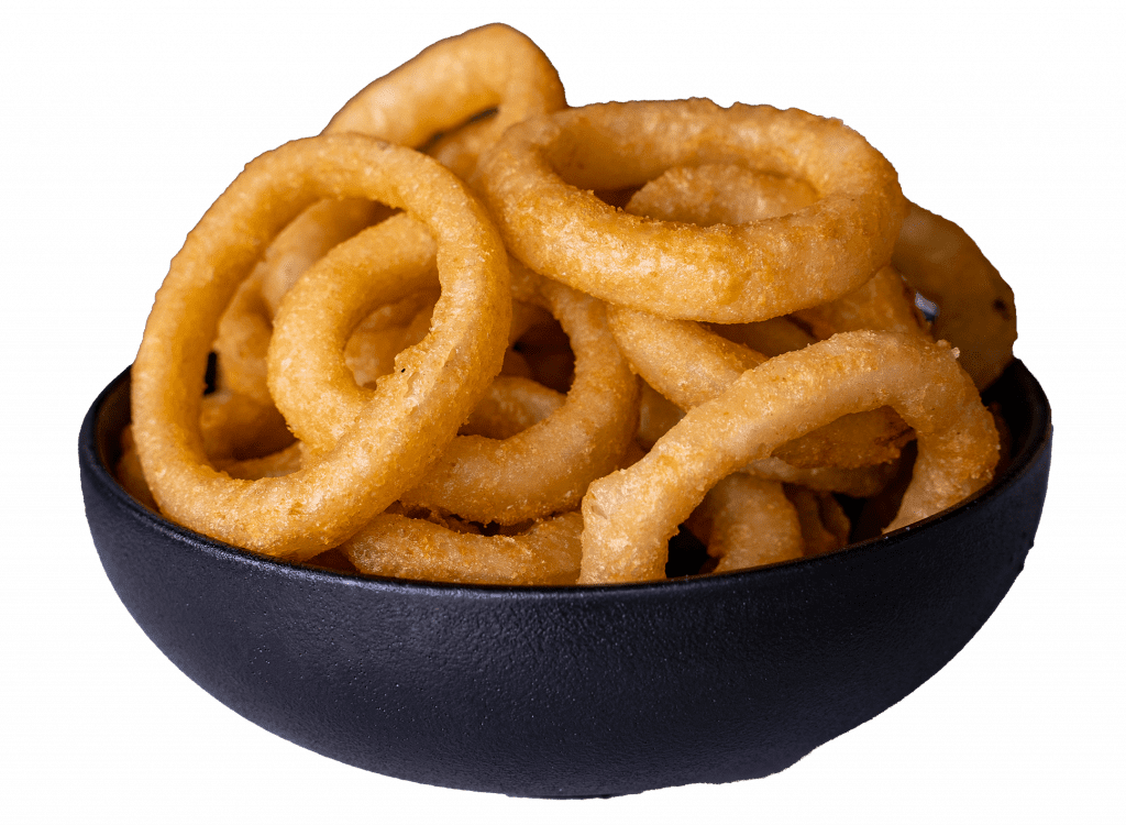 Bowl of crispy battered onion rings