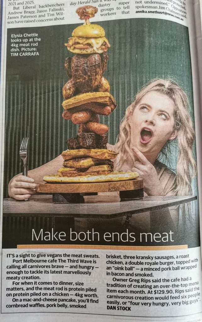 Newspaper clipping 'Make both ends meat' featuring a towering 4kg meat rod dish
