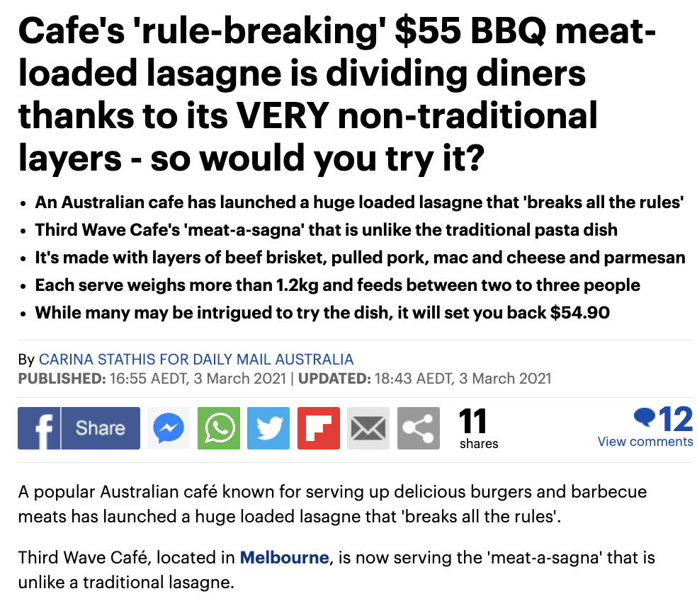 Daily Mail article screenshot about a $55 BBQ meat-loaded lasagne