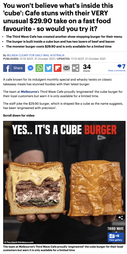 News article screenshot about Third Wave's $29.90 cube burger