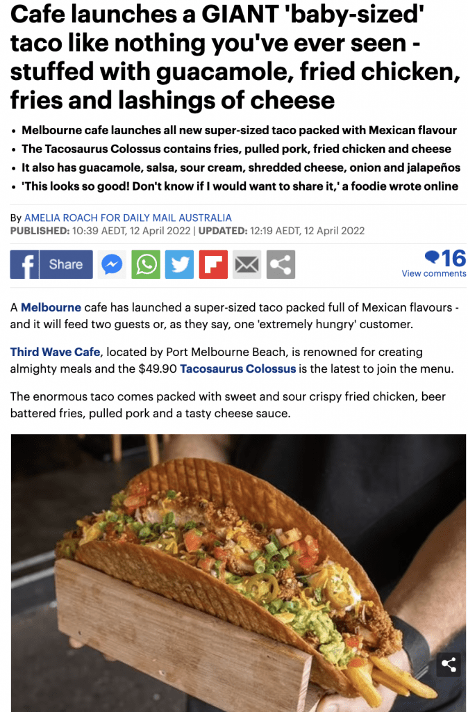 Daily Mail article about the giant Tacosaurus Colossus taco