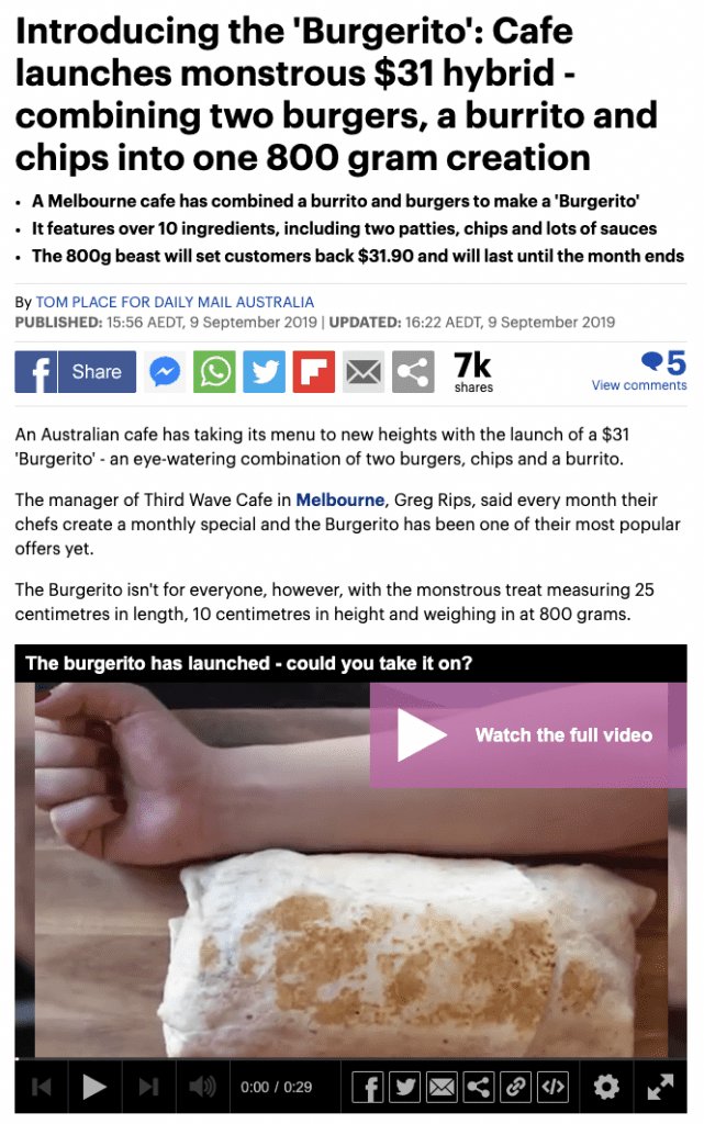 Daily Mail article about the 800g Burgerito hybrid creation