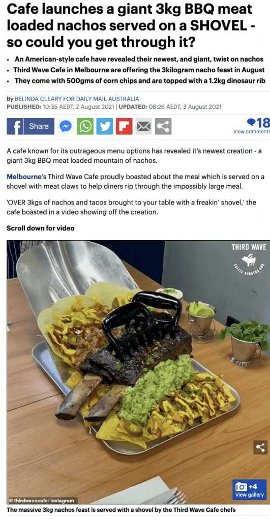 Article about 3kg BBQ meat-loaded nachos served on a shovel