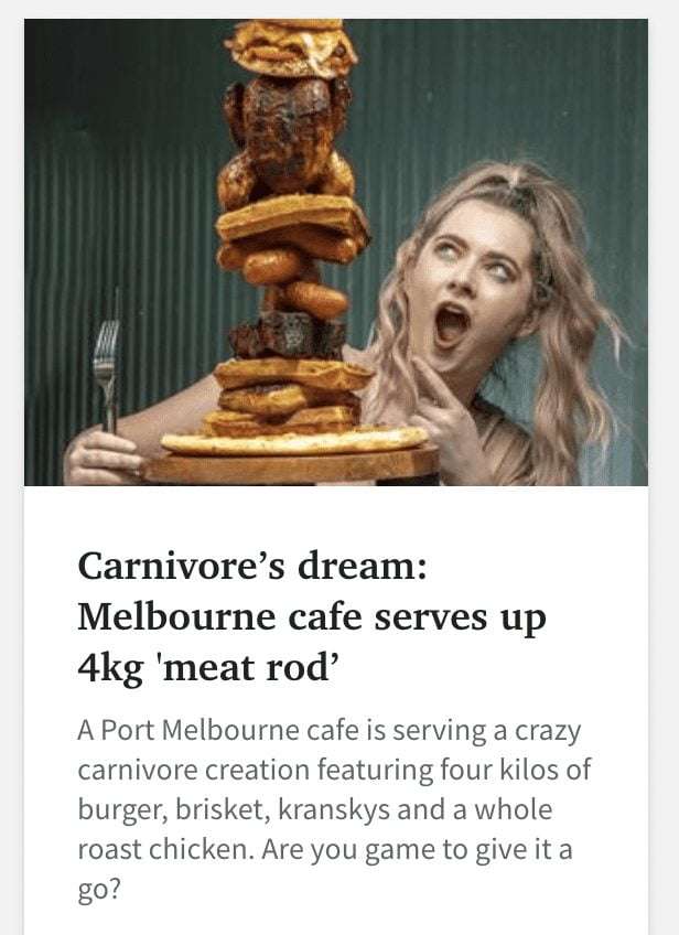 Article headline 'Carnivore's dream' about a 4kg meat rod dish