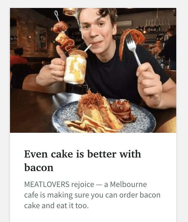 Article 'Even cake is better with bacon' about a bacon-topped dish
