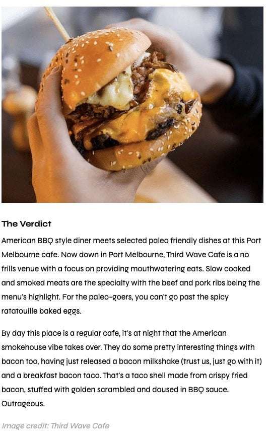 Yahoo Lifestyle review screenshot: 'The Verdict' on Third Wave's BBQ menu