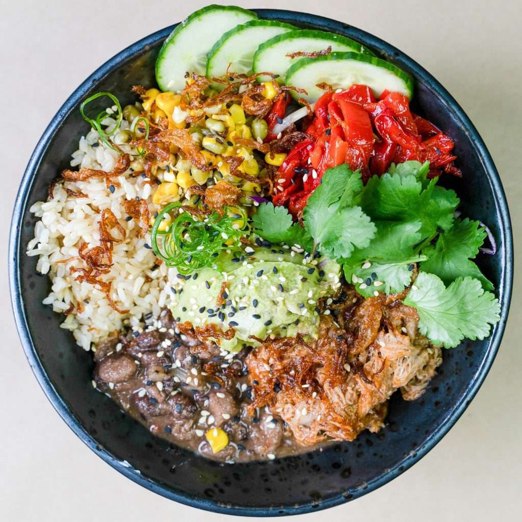 Mexican-style Munch Bowl with rice, beans, corn and pulled meat