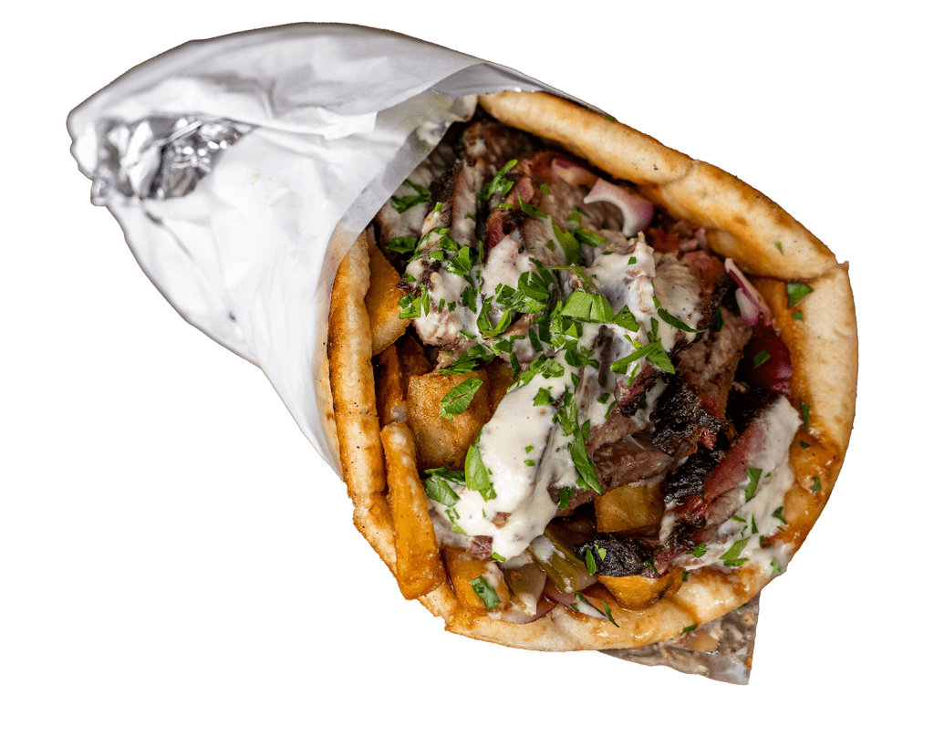 BBQ Rib Souvlaki wrap filled with rib meat and herbs
