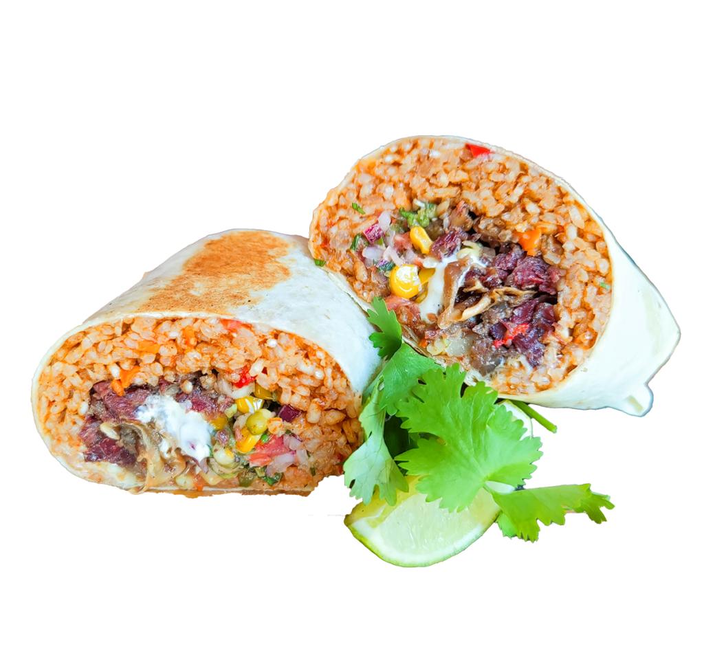Beef short rib burrito halves with rice, corn and coriander