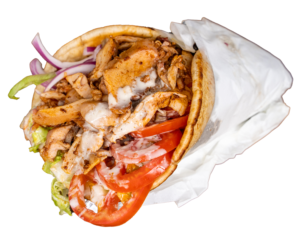 Chicken kebab wrap with lettuce, tomato and red onion