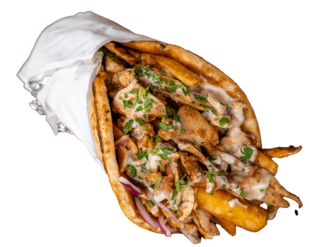 The Clucker Souvlaki wrap filled with chicken and chips