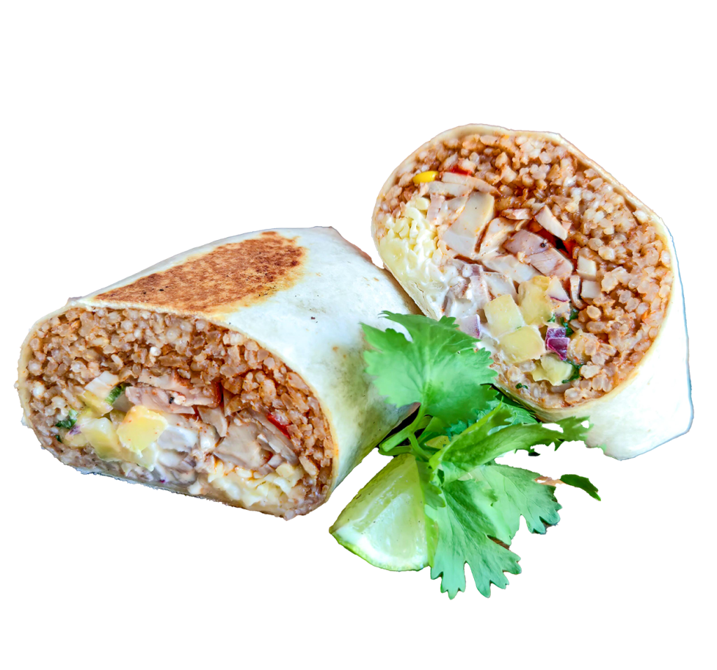 Pulled chicken burrito halves with rice and coriander