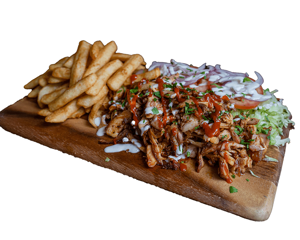 Chicken grill board with chips, herbs and sauce