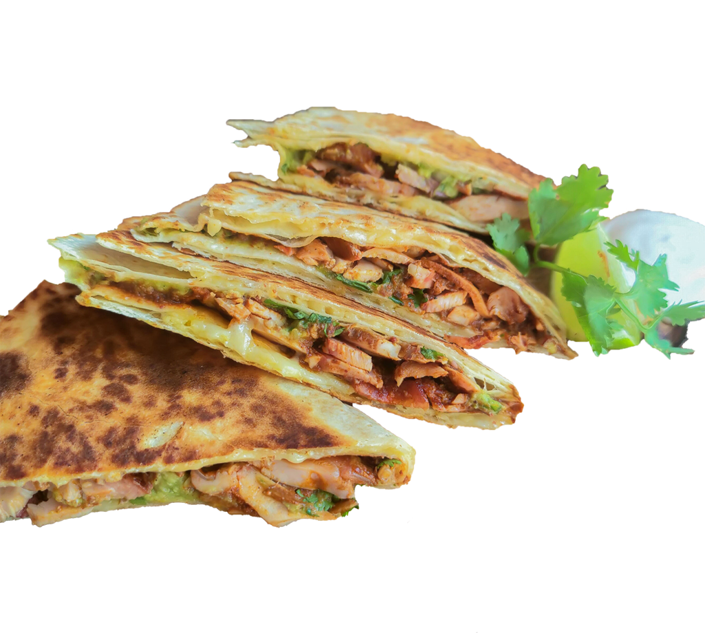 Pulled chicken quesadilla wedges with melted cheese