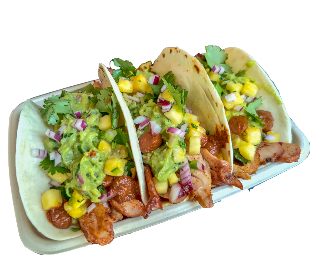 Pulled chicken tacos with mango salsa and guacamole