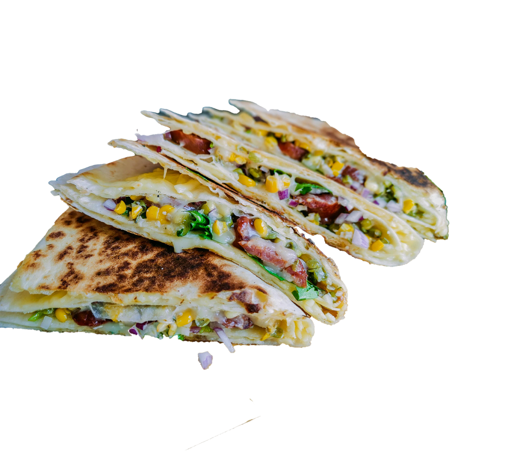 Chorizo quesadilla wedges with corn and melted cheese