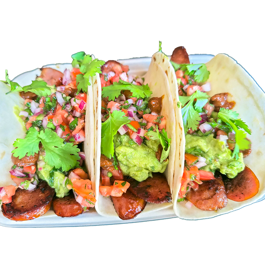 Chorizo tacos with pico de gallo, guacamole and coriander