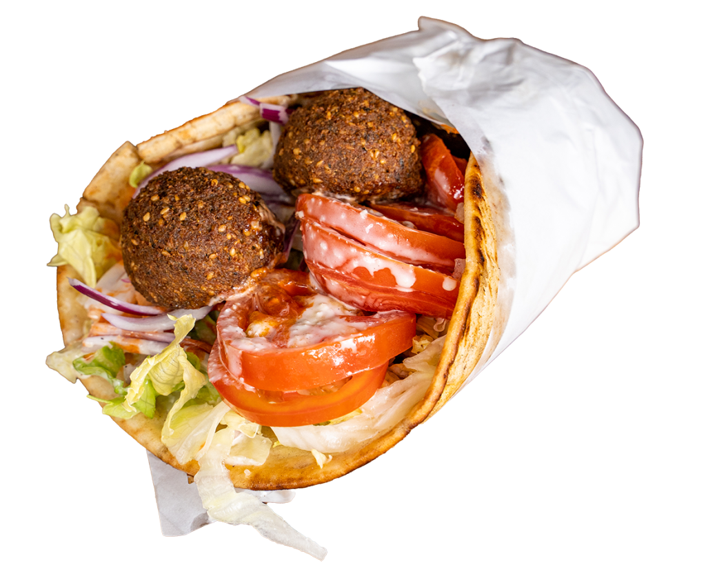 Falafel kebab wrap with tomato, lettuce and red onion