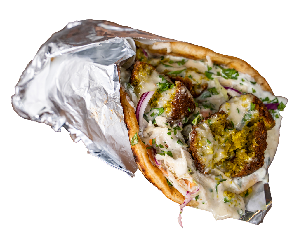 Falafel Souvlaki pita with tzatziki, wrapped in foil