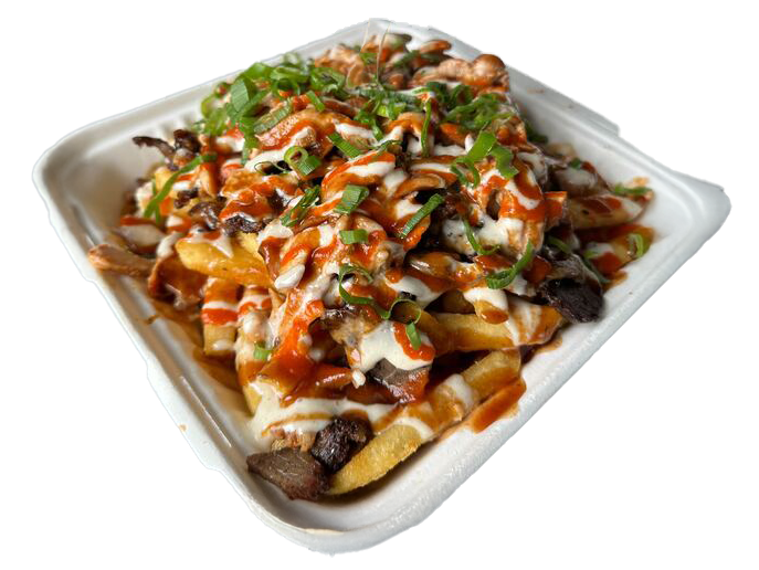 HSP loaded fries topped with meat and sauces in a takeaway box