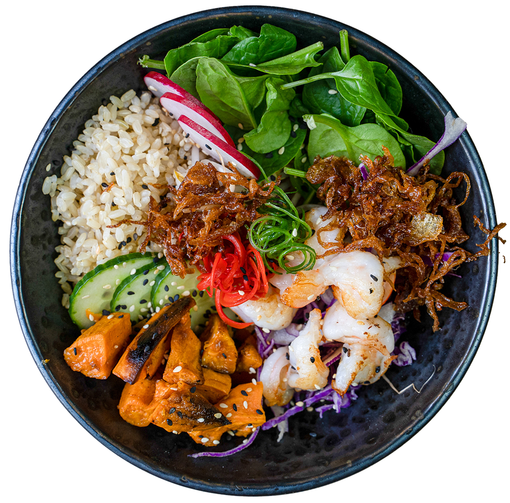 Hawaiian bowl with rice, spinach, sweet potato and chilli