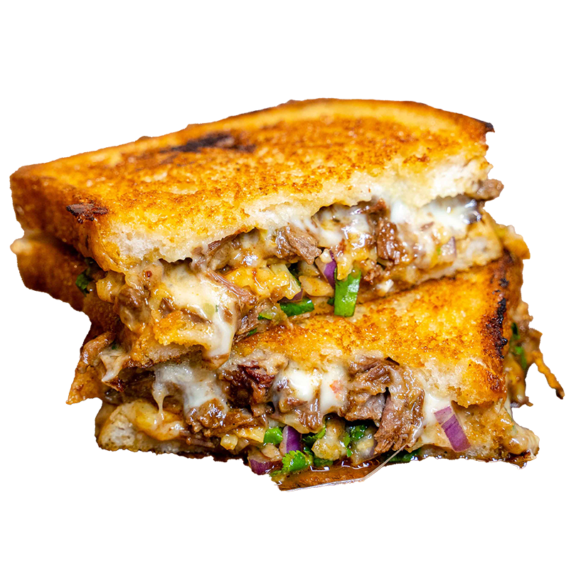 Brisket Birra Torta toastie with shredded beef and melted cheese
