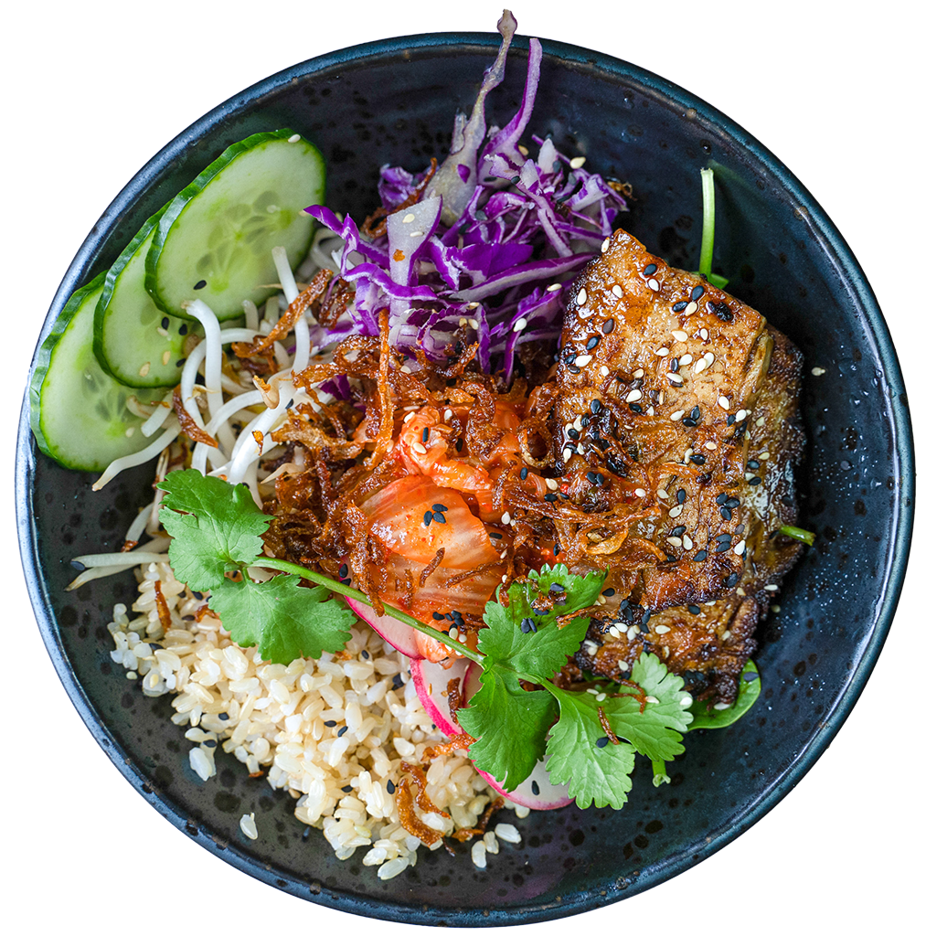 Korean bowl with rice, cucumber, cabbage and glazed pork