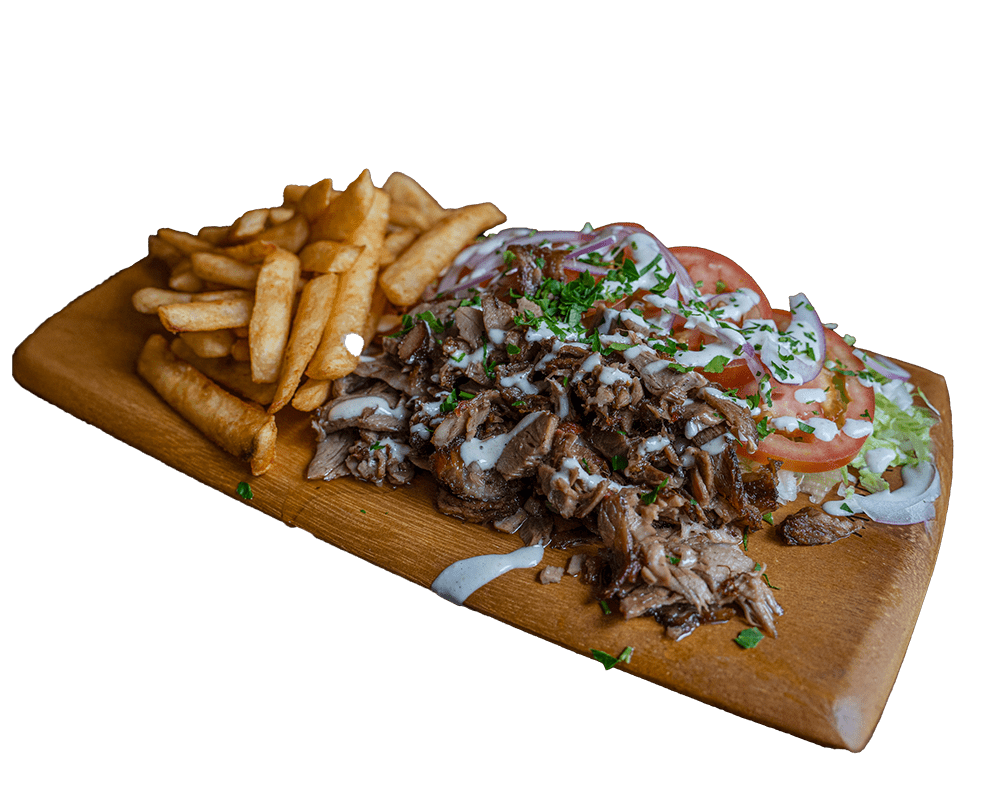 Lamb grill board with chips, tomato and garlic sauce