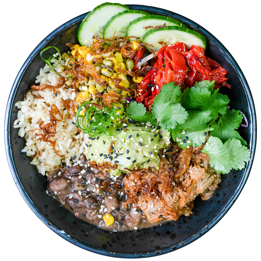 Mexican bowl with rice, corn, capsicum and guacamole