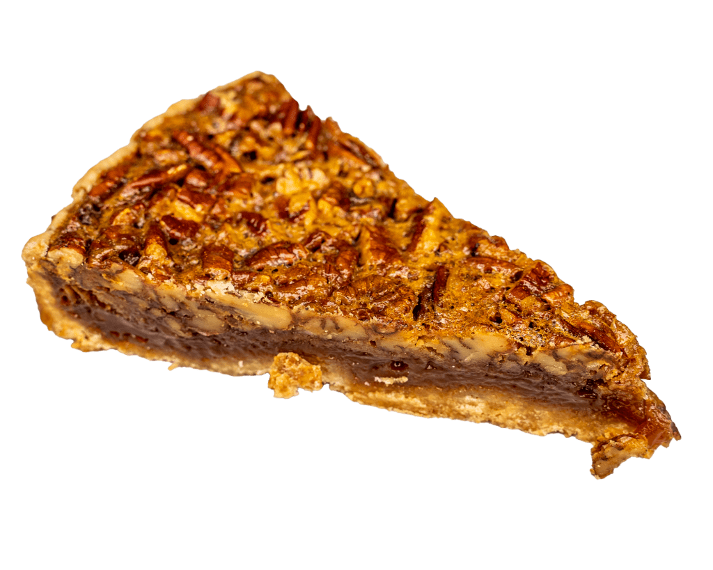 Wedge of pecan pie with a nutty caramel filling