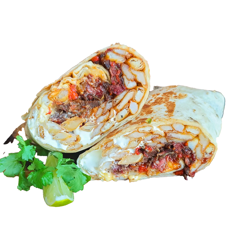Philly chip burrito halves with sliced meat and melted cheese