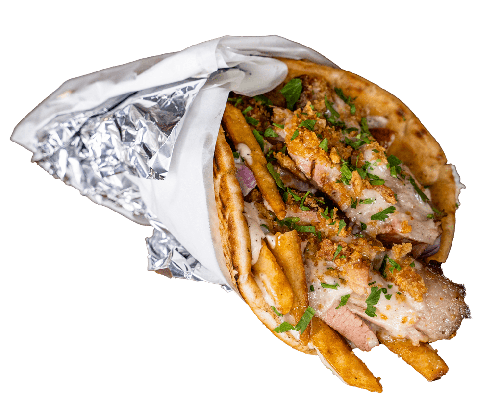 Pork it Souvlaki wrap filled with crispy pork and herbs