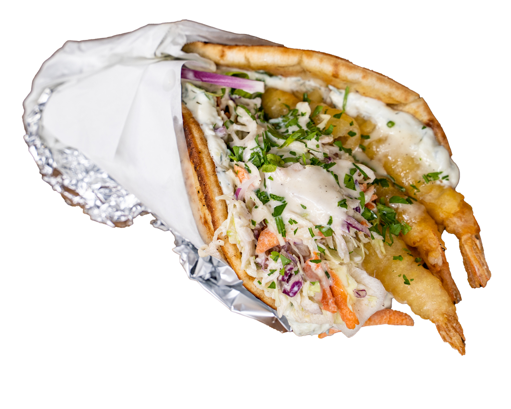 Prawn Star Souvlaki wrap with coleslaw and chips