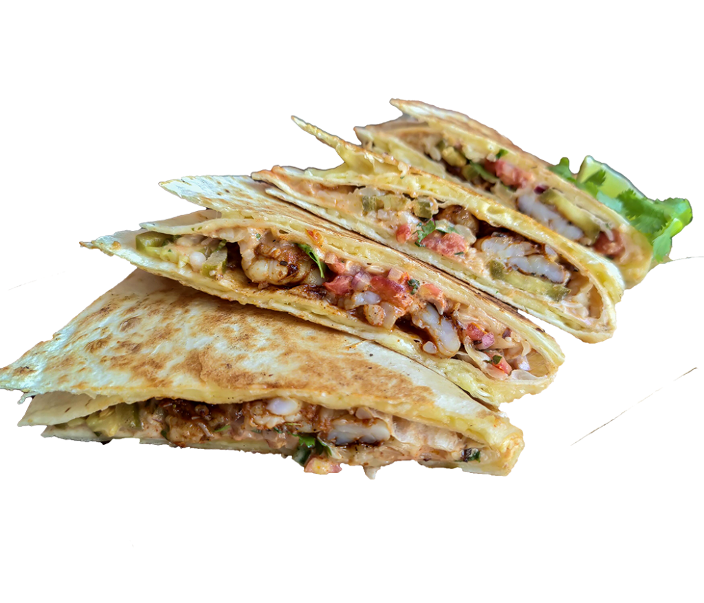 Prawn picante quesadilla wedges with melted cheese