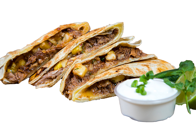Pulled pork quesadilla wedges with corn and sour cream