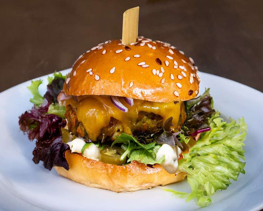 Veggie burger with melted cheese, pickle and salad garnish on a plate