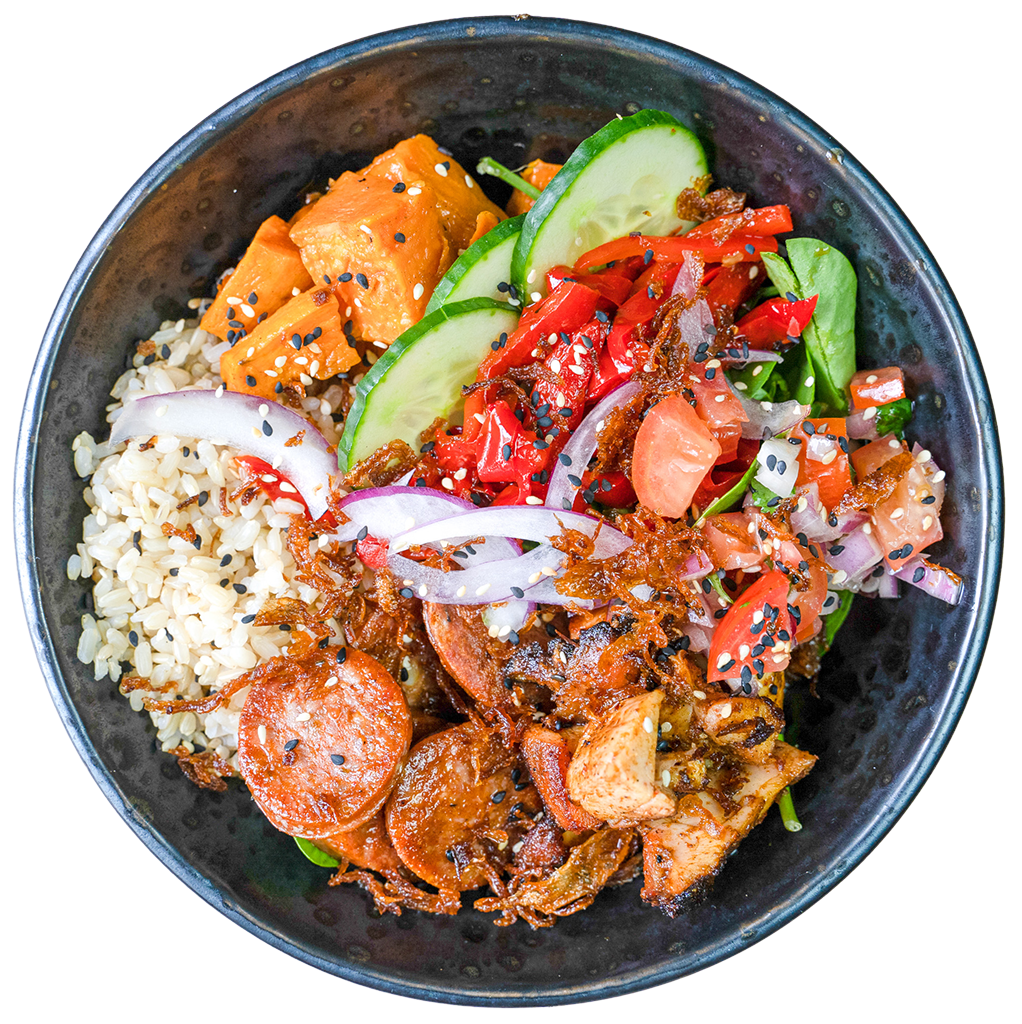 Spanish bowl with chorizo, sweet potato and capsicum