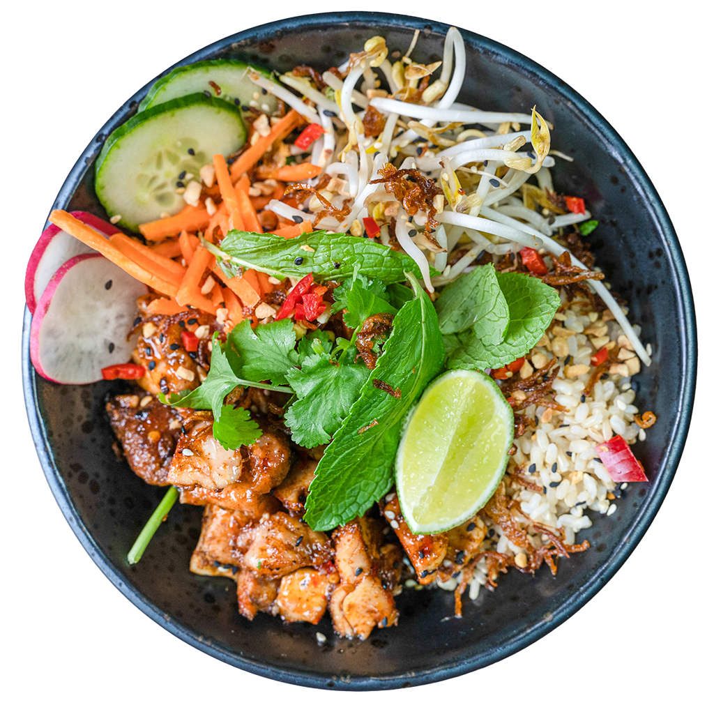 Thai bowl with rice, herbs, bean sprouts and lime
