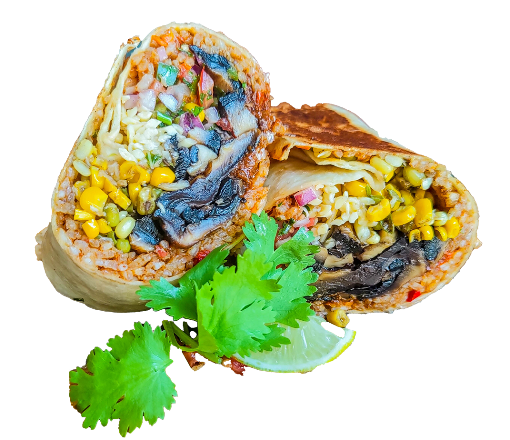 Vegetarian burrito halves with corn, beans and mixed vegetables