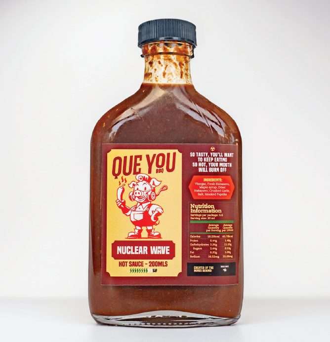 Nuclear Wave hot sauce bottle by Que You BBQ
