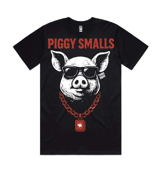 Black T-shirt printed with the 'Piggy Smalls' pig graphic